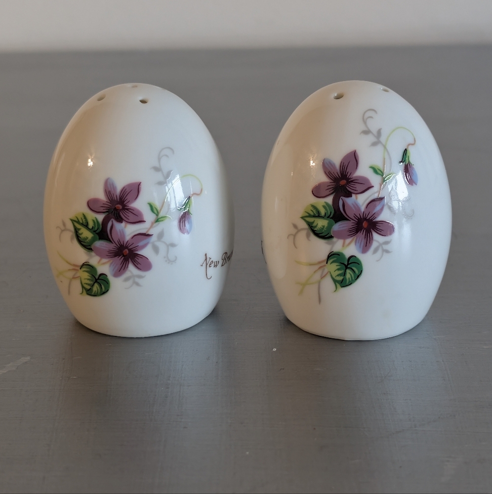 New Brunswick Souvenir Vintage Egged Shaped Salt Pepper Shaker Set Violets